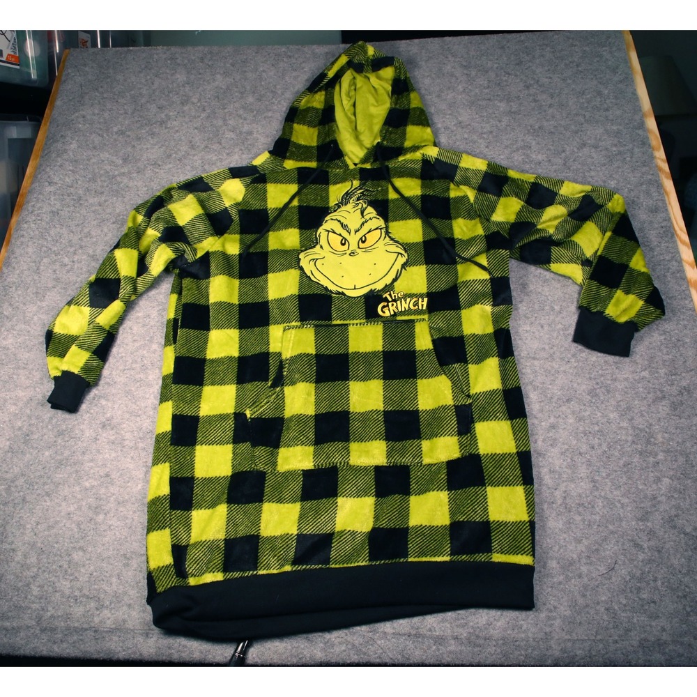 The Grinch Dr. Suess Women's Graphic Nightshirt with Hood Plaid Green Size L